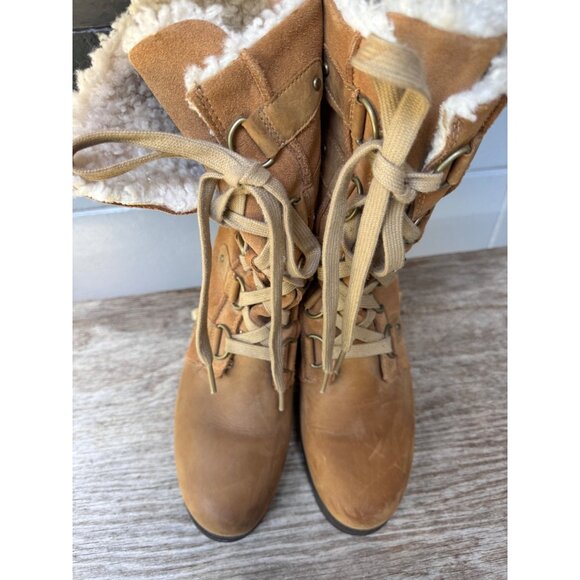 Sorrel Shoes - SOREL Emelie NL2680-286 Tan Suede Leather Waterproof Lace Up Tall Boots Faux Fur